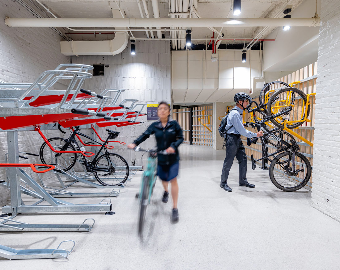 Cyclists in bike garage